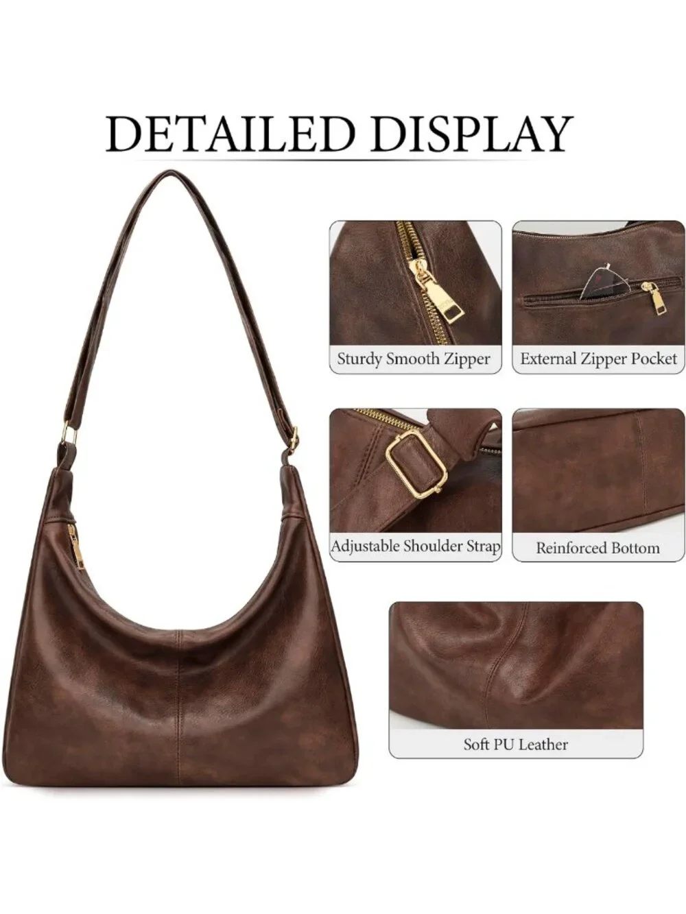 Soft Vegan Leather Slouchy Hobo Bag - Foldable Shoulder Tote Purse with Zipper